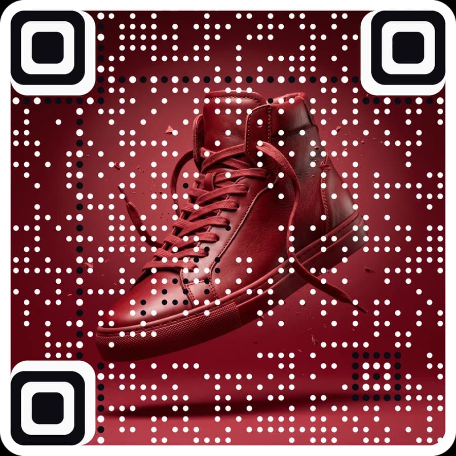 An AriaQR art code made from a product photo of a red high-top sneaker