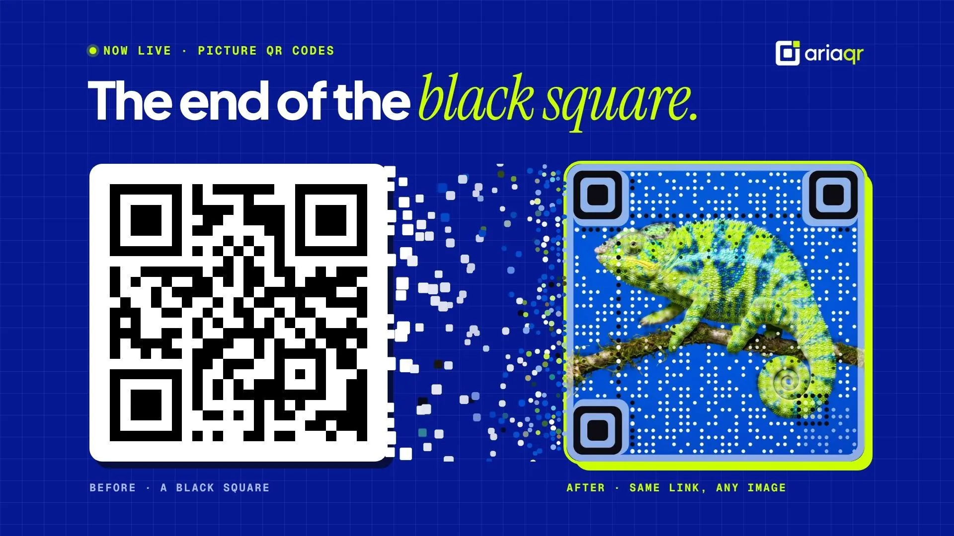 A plain black-and-white QR code breaks apart into pixels that turn into coloured dots and reassemble as a QR code made from a photo of a lime-green chameleon.