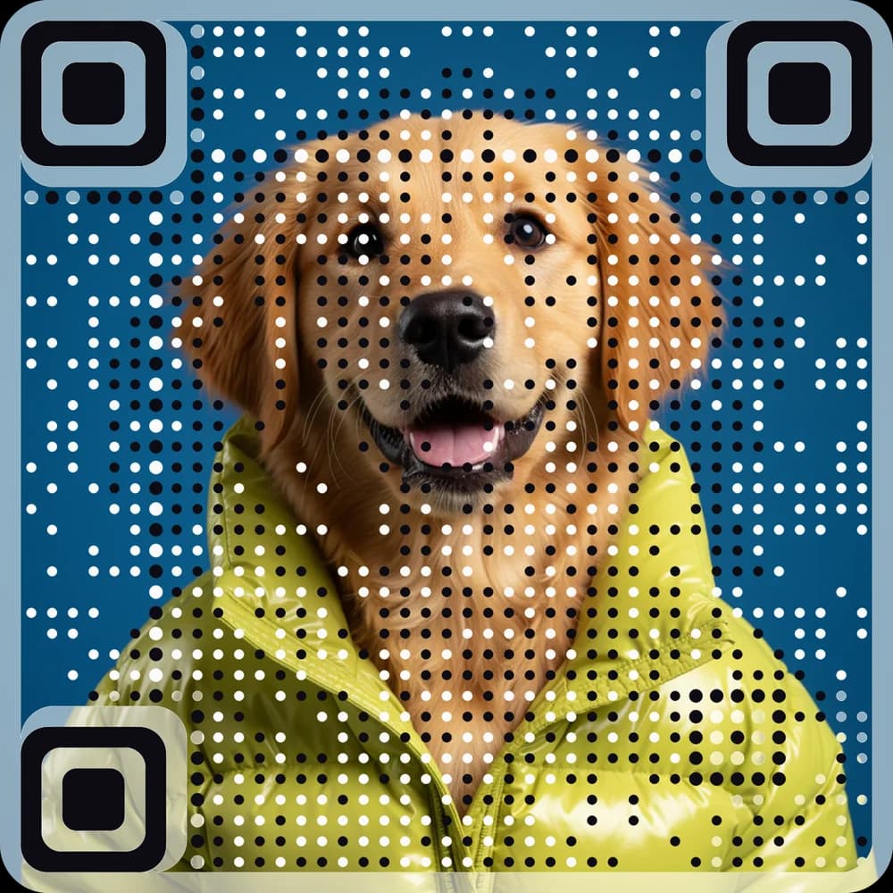 Un golden retriever con una chaqueta lima que además es un código QR funcional, hecho con AriaQR