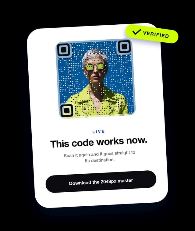The card checkout shows after payment: an art code marked Live, the line This code works now, and a button to download the 2048px master