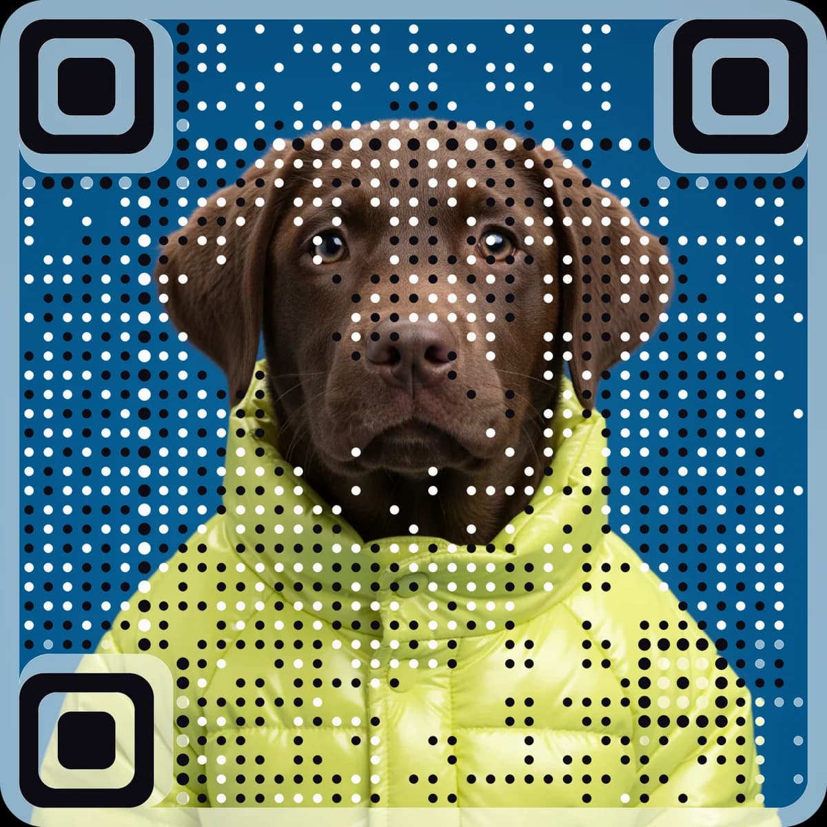 A real AriaQR code: a chocolate Labrador puppy photo that scans as a QR code, on a cobalt background.