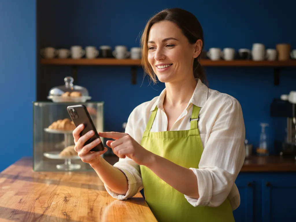 A café owner in a lime apron smiles at her phone behind the counter as she sends her short link to a customer