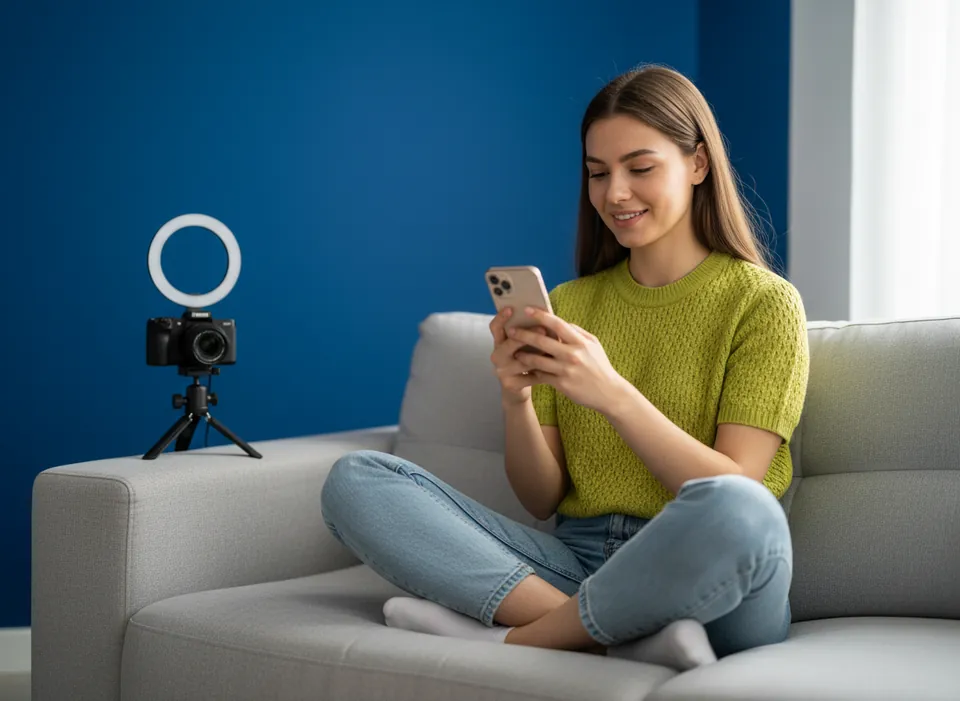 A creator in a lime top sits on her sofa checking her phone, a ring light and camera beside her against a cobalt wall