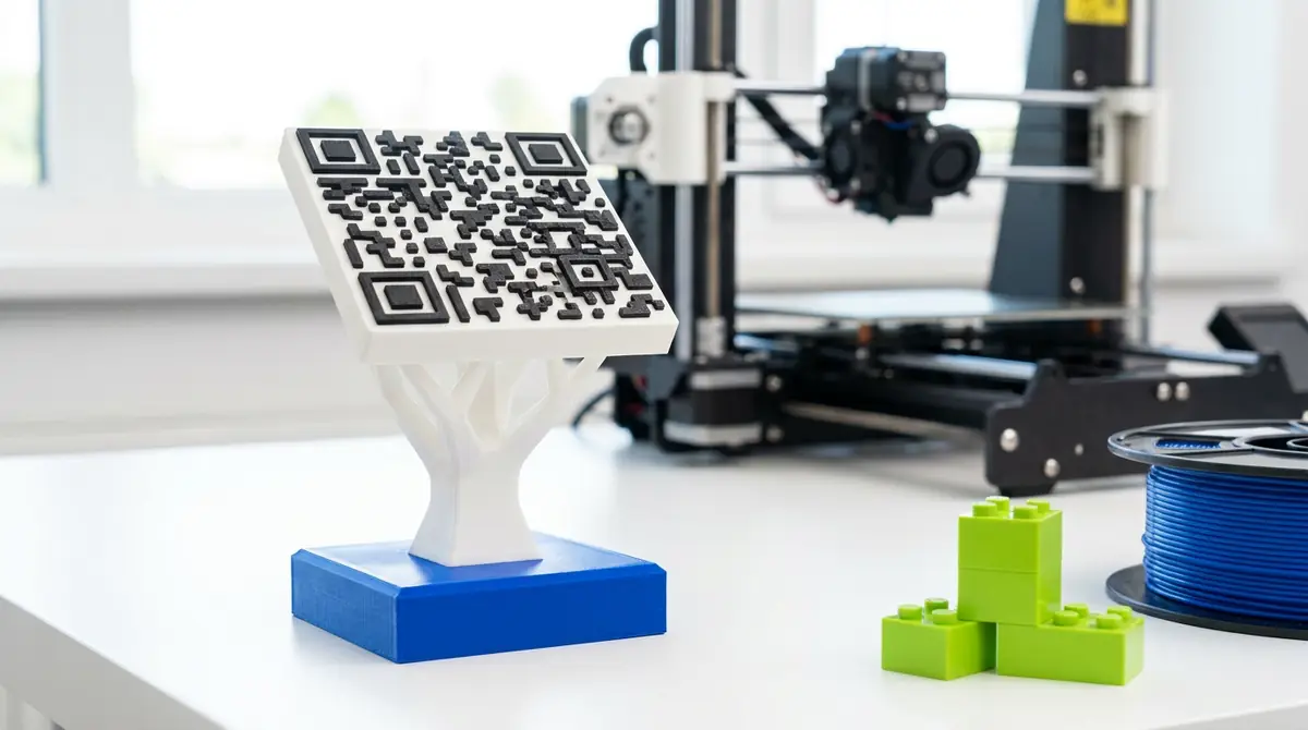 3D štampana skulptura drveta sa QR kodom na vrhu, na plavom postolju pored kockica boje limete