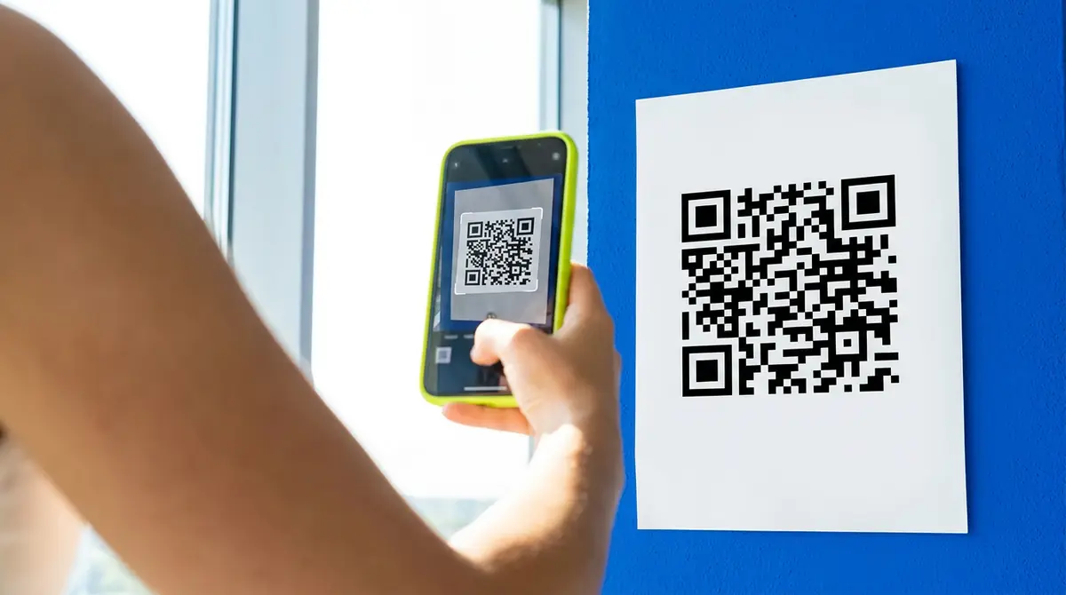 A phone in a lime case scanning a QR code poster on a cobalt wall, the code lined up in the camera view