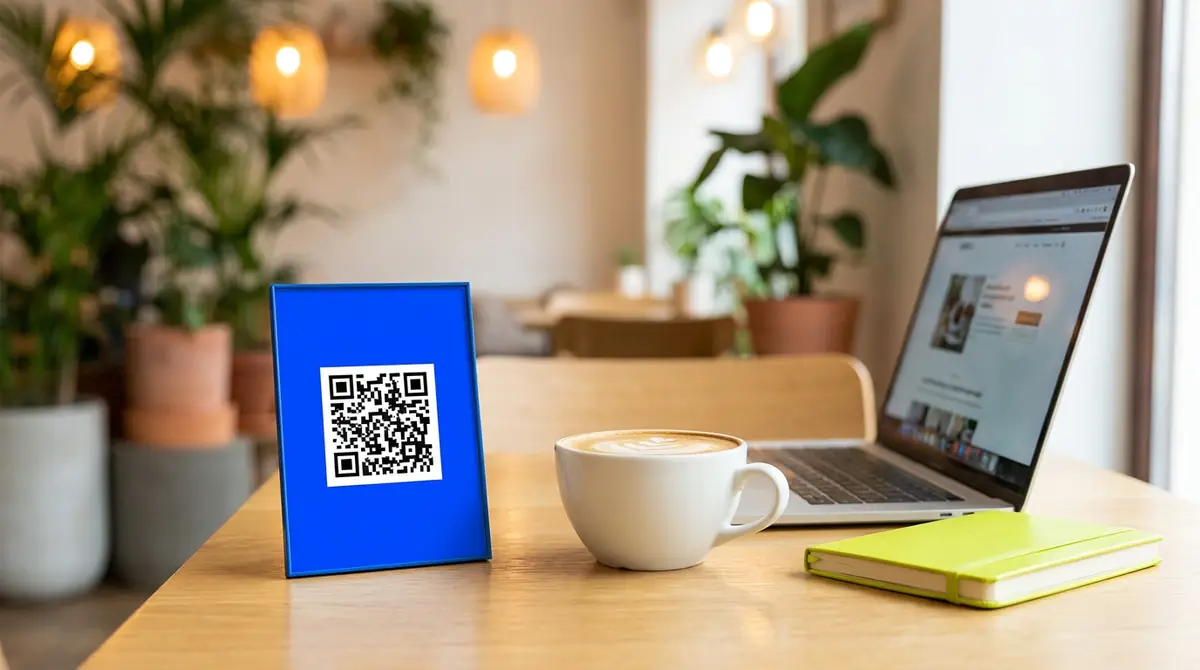 Kobalt plava Wi-Fi kartica sa QR kodom na hrastovom stolu kafea, pored late i laptopa