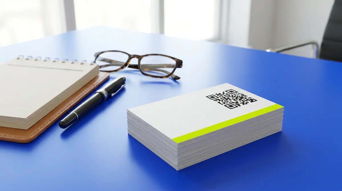 Gomila belih vizit-karti sa QR kodom i prugom boje limete na kobalt plavom stolu, sa olovkom i naočarima