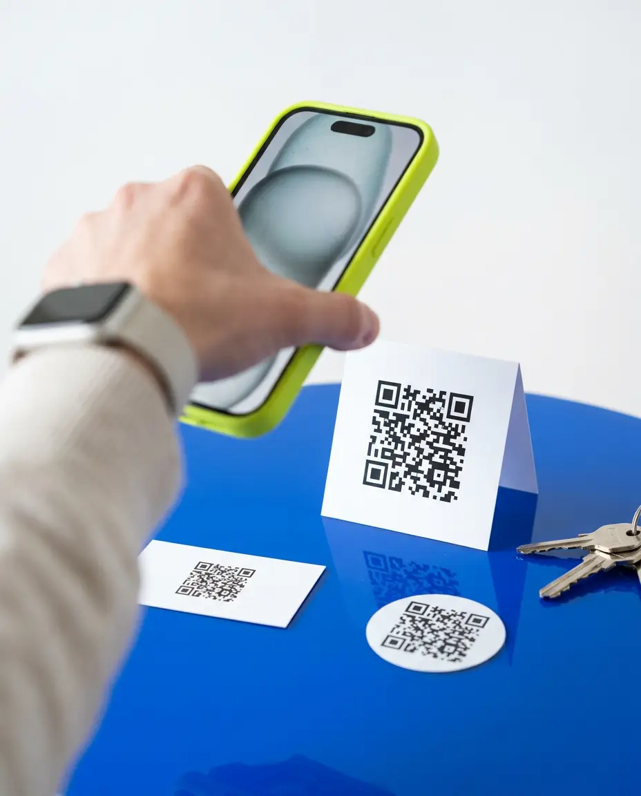 Telefon u maski boje limete skenira QR kod na stonoj kartici na kobalt plavom stolu, pored QR vizit-karte i nalepnice