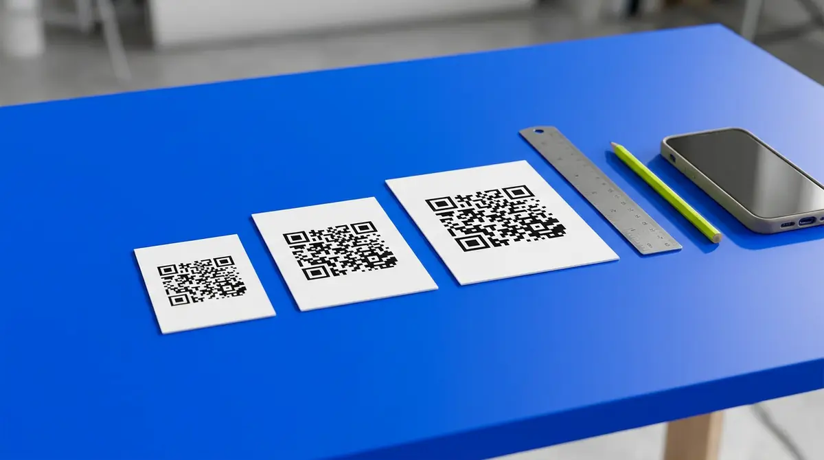 Isti QR kod odštampan u tri veličine na kobalt stolu pored lenjira, olovke boje limete i telefona