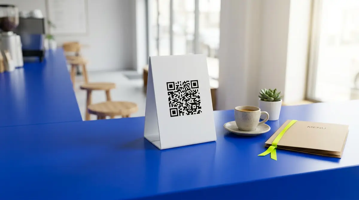 A white table tent with a QR code on a cobalt blue cafe counter beside an espresso and a menu