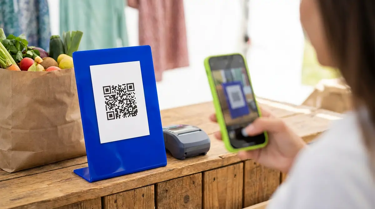 Kobalt plavi štand za plaćanje sa QR kodom na tezgi pijace, dok ga telefon u maski boje limete skenira