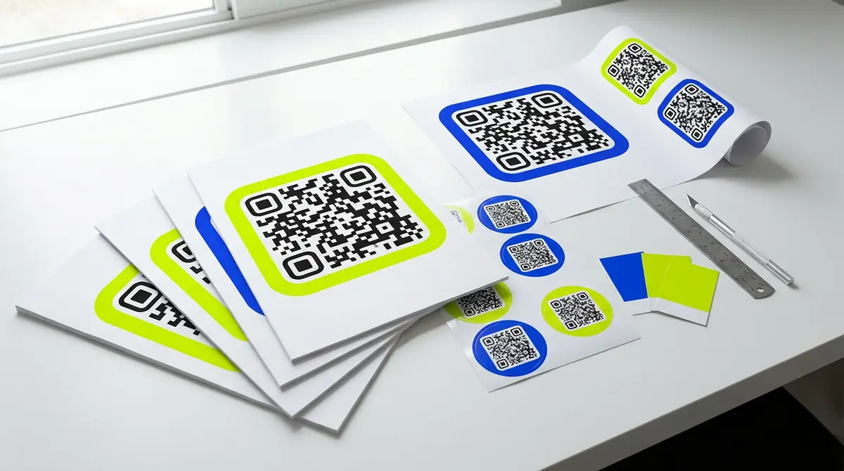 Odštampani leci sa QR kodovima u okvirima boje limete i kobalta raširenim na belom stolu, sa lenjirom i nožem