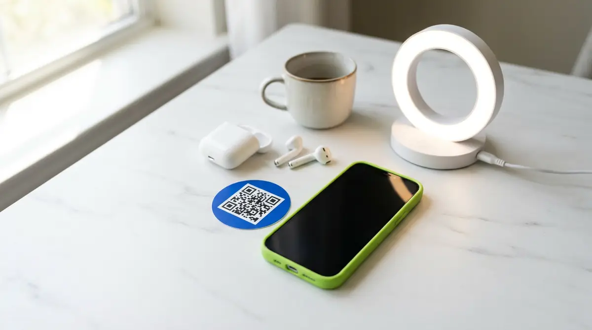 Telefon u maski boje limete na mermernom stolu pored okrugle plave nalepnice sa QR kodom, bubica i prstenaste lampe