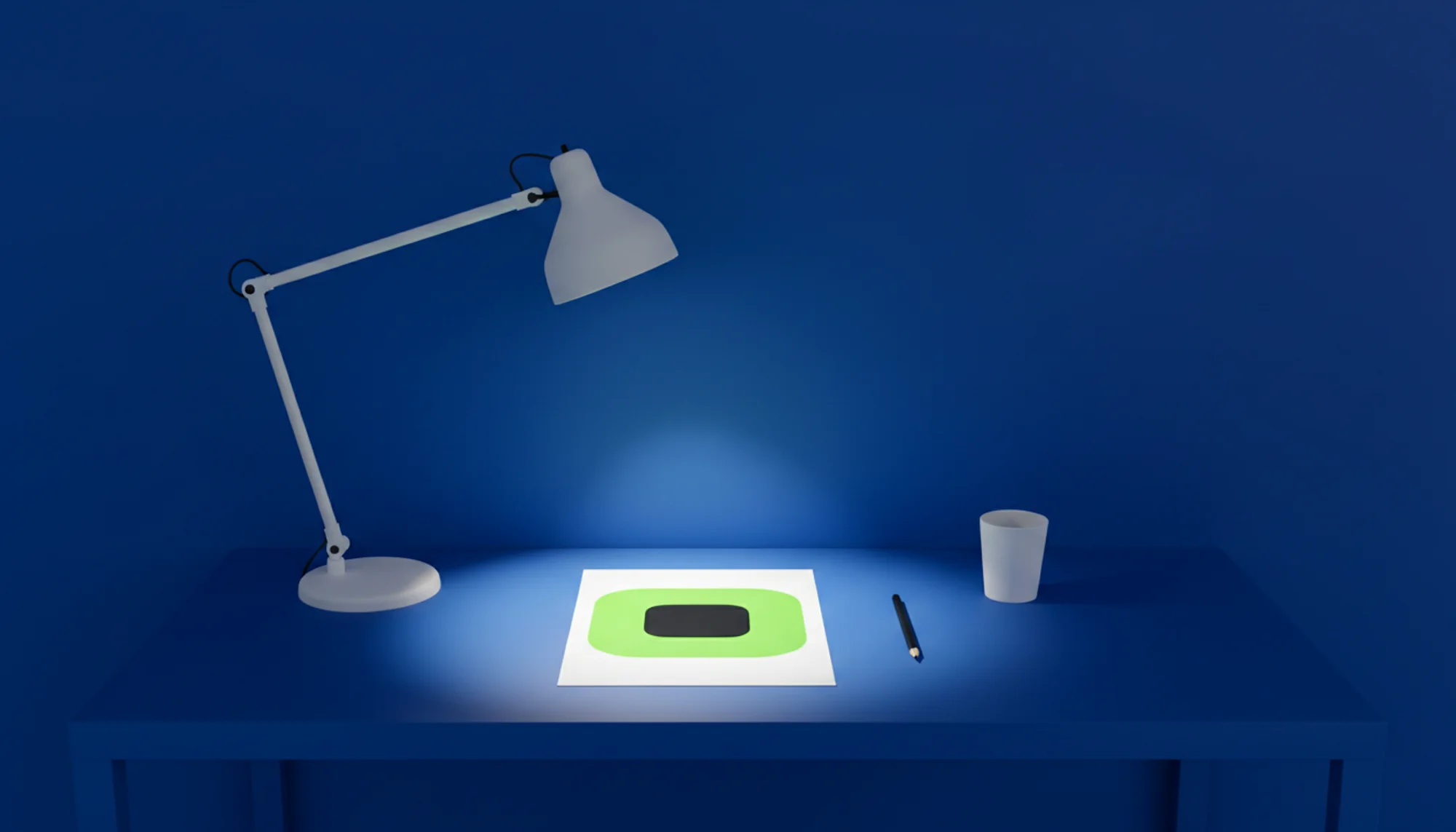 A desk lamp lighting a sheet of paper with the AriaQR mark on it