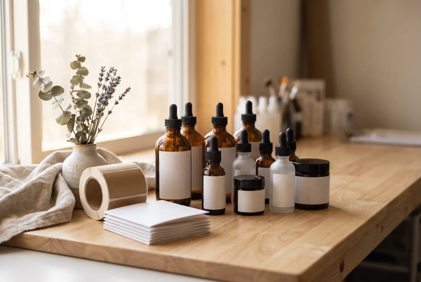 A small skincare studio workbench with bottles, kraft labels and blank cards ready for codes