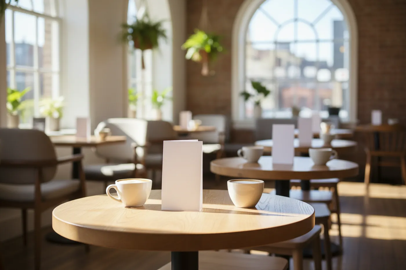 Morning light across a café with small wooden tables, each holding a blank white table tent card