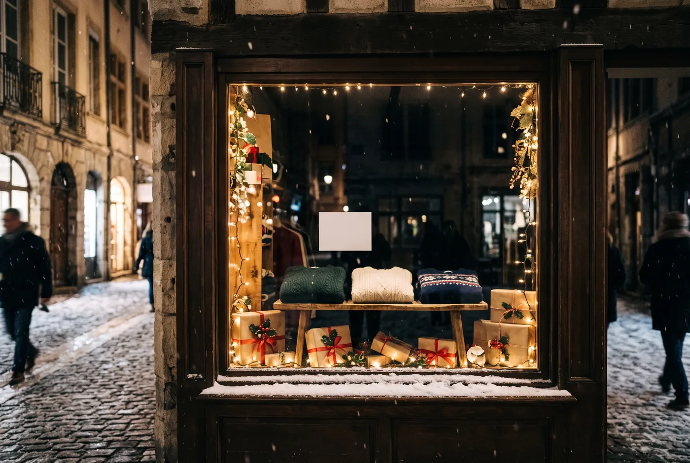 A boutique shop window at night with warm lights, wrapped gifts on display and a blank white card on the glass where a code will go