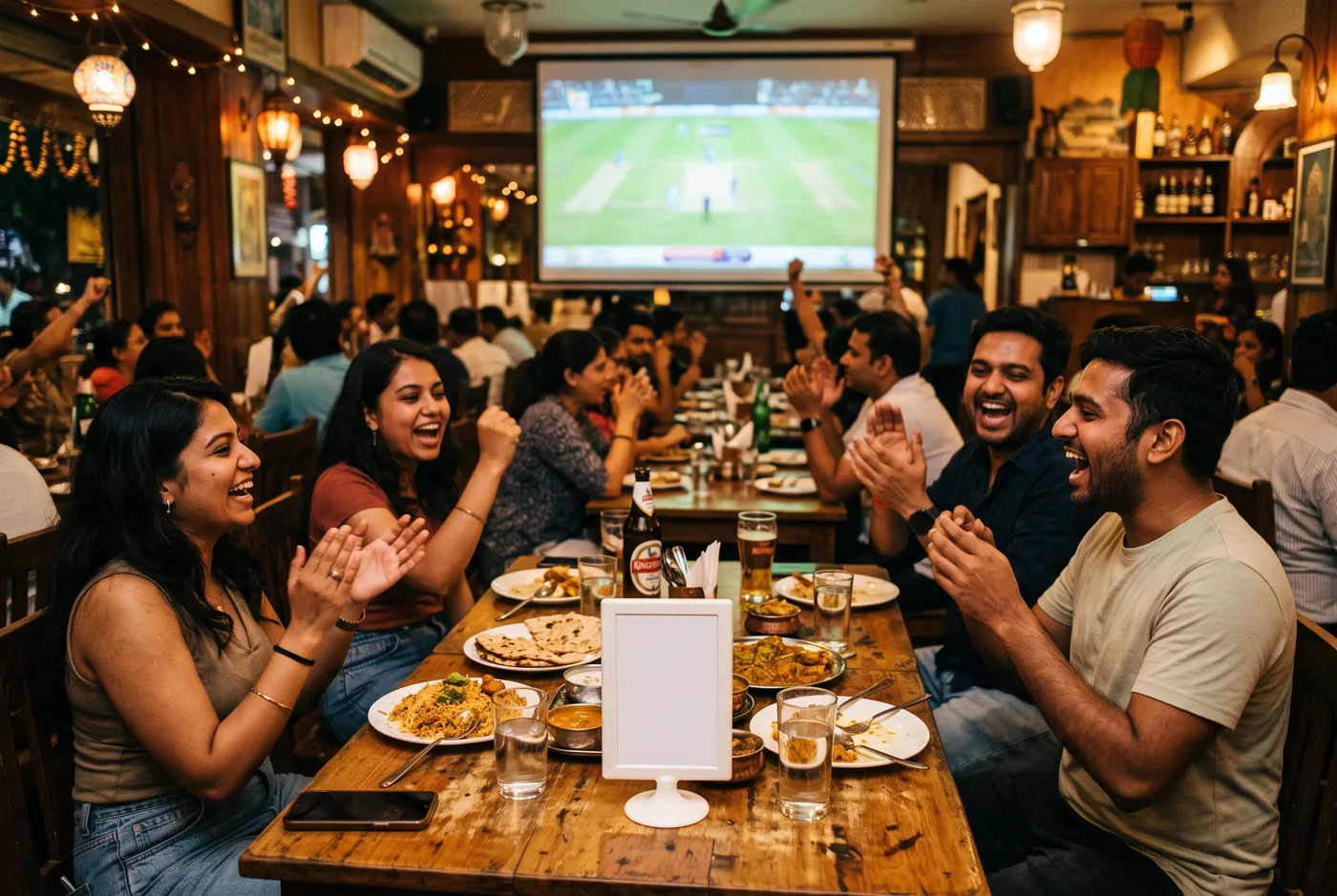 A busy Indian restaurant at night with fans watching a cricket match on a large screen, plates of food on the tables and a blank white table tent card in the foreground