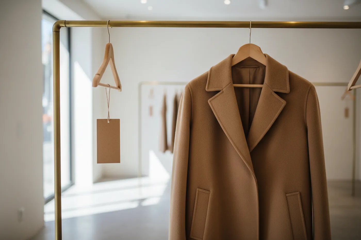 A camel wool coat on a brass boutique rail beside a blank kraft hang tag, soft daylight from a shop window