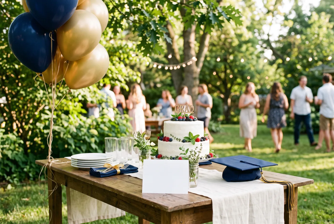 An outdoor graduation party table with a cake, balloons, a stack of plates and a small blank white invitation card standing in front