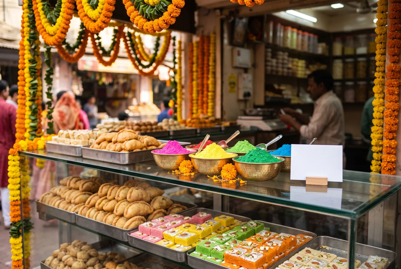 A sweet shop counter decorated for Holi, trays of gujiya and colorful sweets, bowls of color powder, and a small blank white card standing on the glass