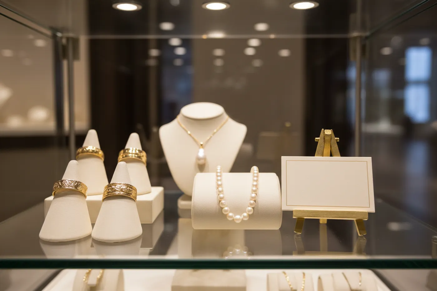 A jewelry display case with gold rings and a pearl necklace, and a blank cream card on a small brass easel, warm boutique light