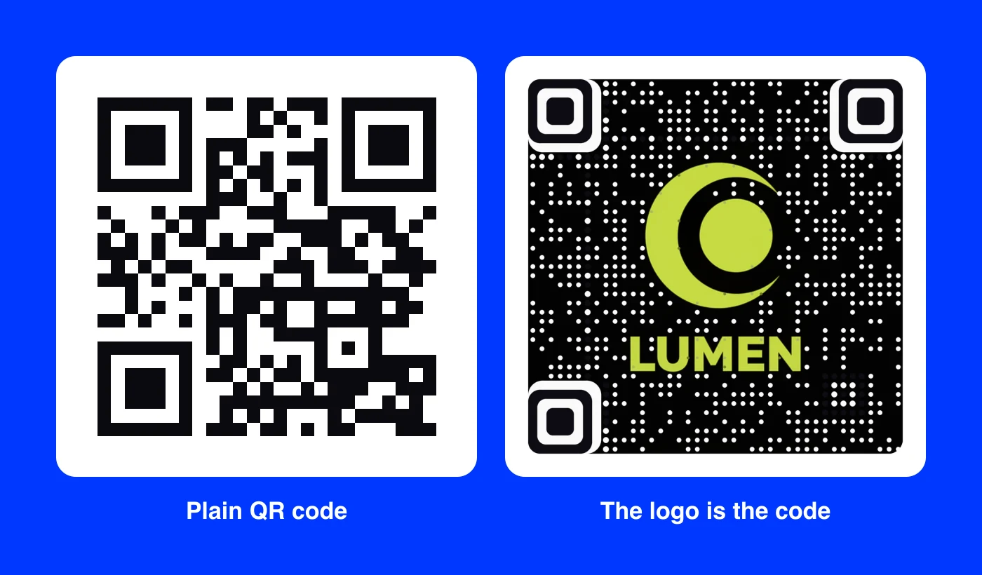 A plain black and white QR code next to the Lumen logo made into a QR code, a lime crescent and wordmark on black. Both scan.