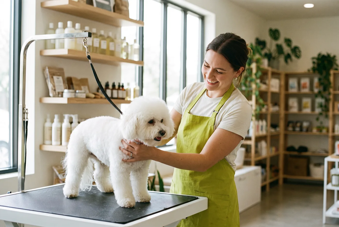 A smiling groomer in a lime apron with a freshly groomed white dog on the grooming table