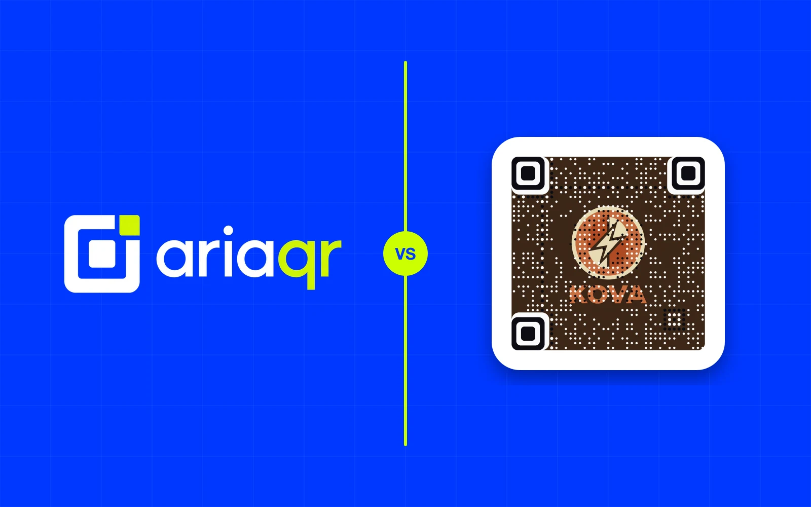 The AriaQR logo beside a fictional coffee logo made into a scannable code on cobalt, separated by a lime line.