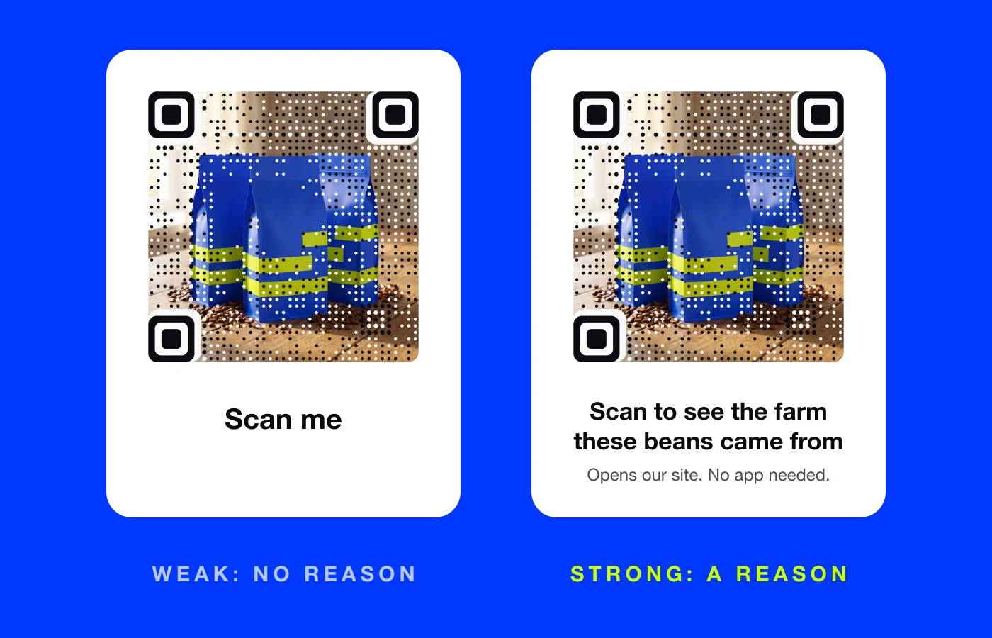 The same AriaQR code on two cards: one labeled 