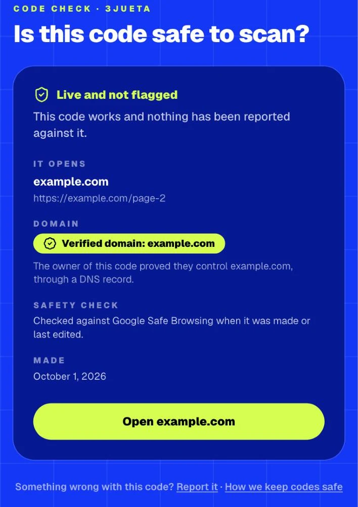 The public check page for an AriaQR code: live and not flagged, verified domain example.com, checked against Google Safe Browsing