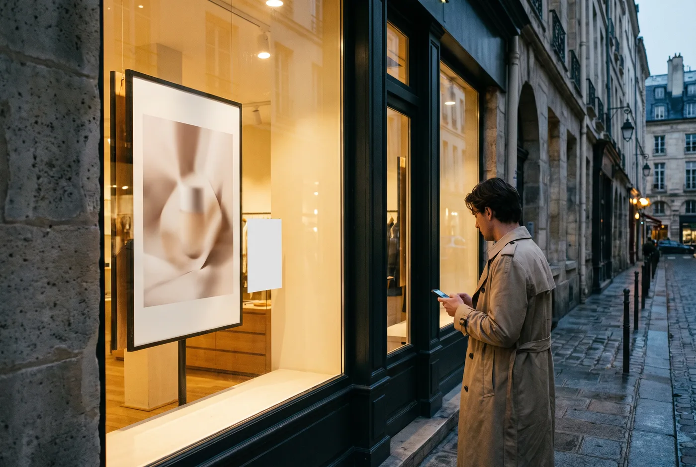 A boutique shop window at dusk with a large poster and a small blank card where a code would go