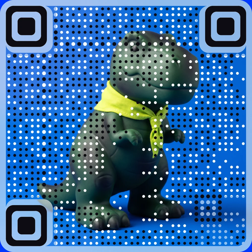 A real AriaQR code made from a picture of a toy T-rex: the whole dinosaur is the code, and it scans to ariaqr.com