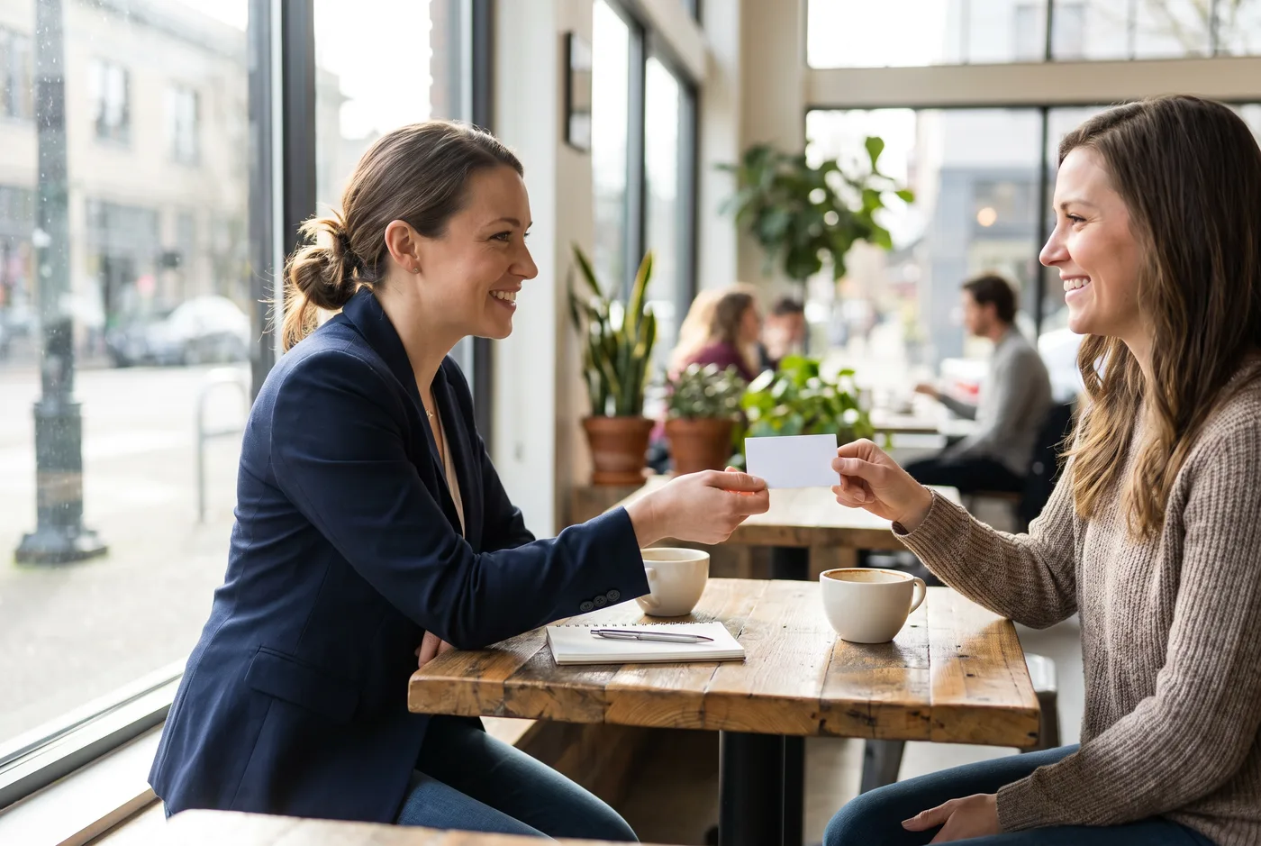 A consultant hands a business card across a café table to a client after a meeting