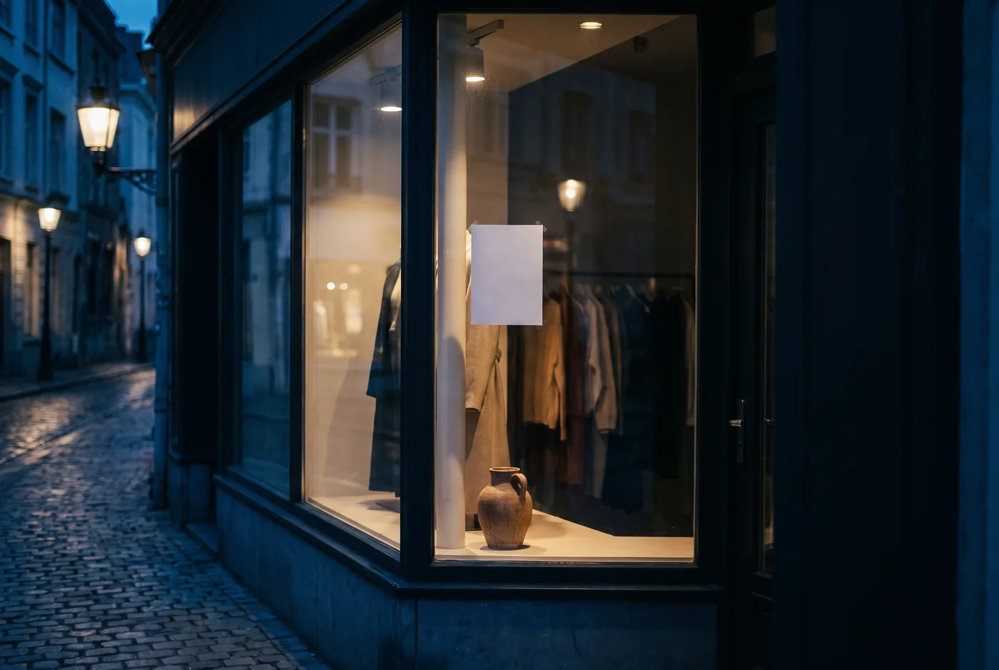A boutique window at night with a warm display and a plain blank card on the glass where the code goes