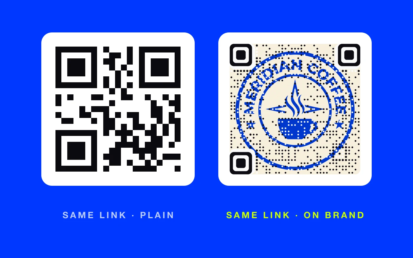 The same link as a plain QR code and as an AriaQR code made from the Meridian Coffee logo, side by side on blue