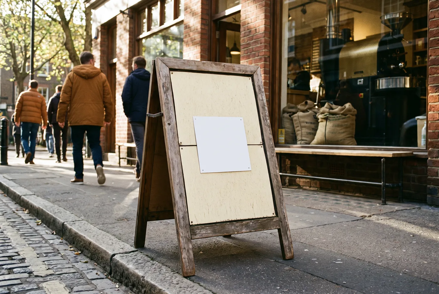 A wooden A-frame sign at the curb outside a small coffee roastery, with a blank card where the code goes and people walking past