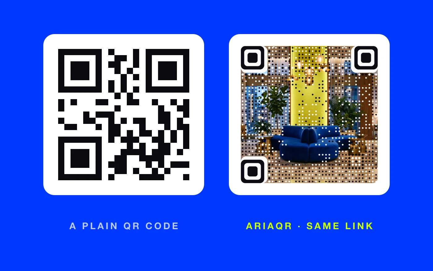 The same link as a plain black-and-white QR code and as an AriaQR code made from a photo of a hotel lobby, side by side