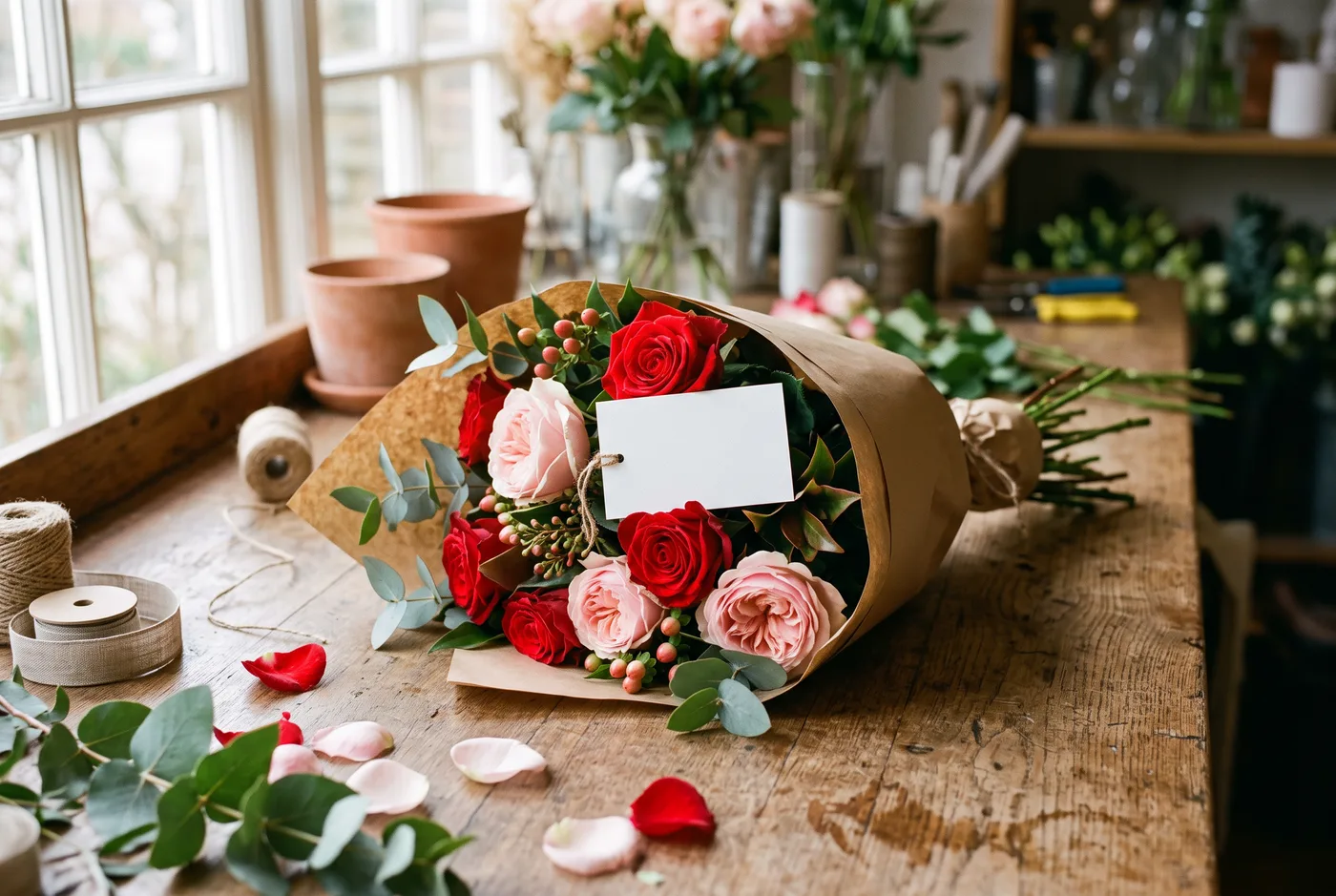 A bouquet of red and pink roses wrapped in paper on a florist's counter, with a small blank white card tucked between the stems