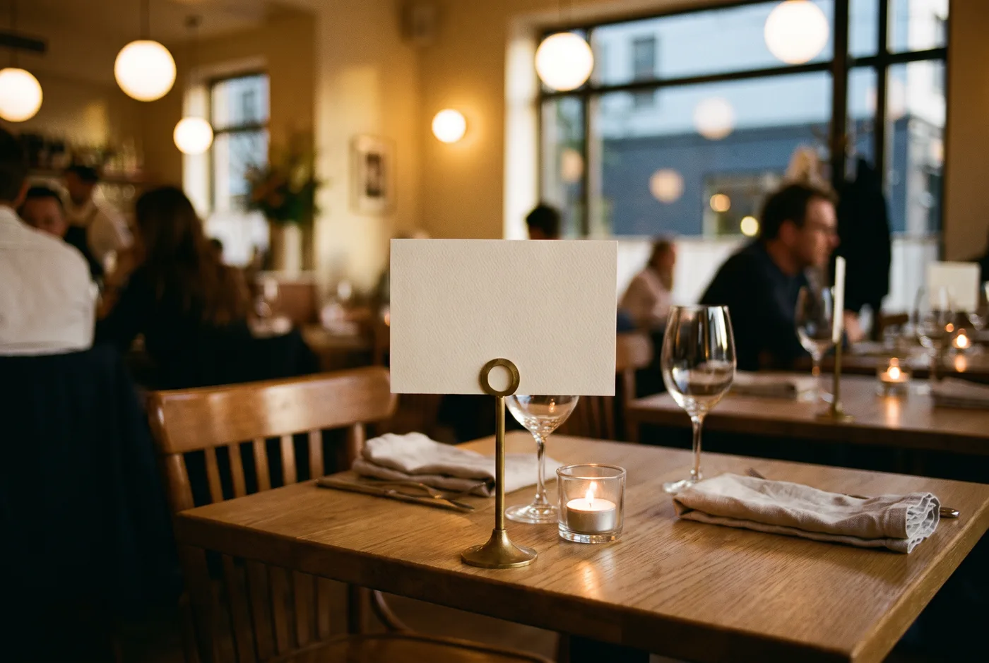 A restaurant table at dusk with a small blank card on a stand facing the guest's chair, beside a candle and two glasses