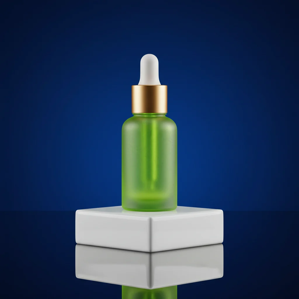 Before: the product photo The original product photo: a green serum bottle on a white pedestal against a blue background