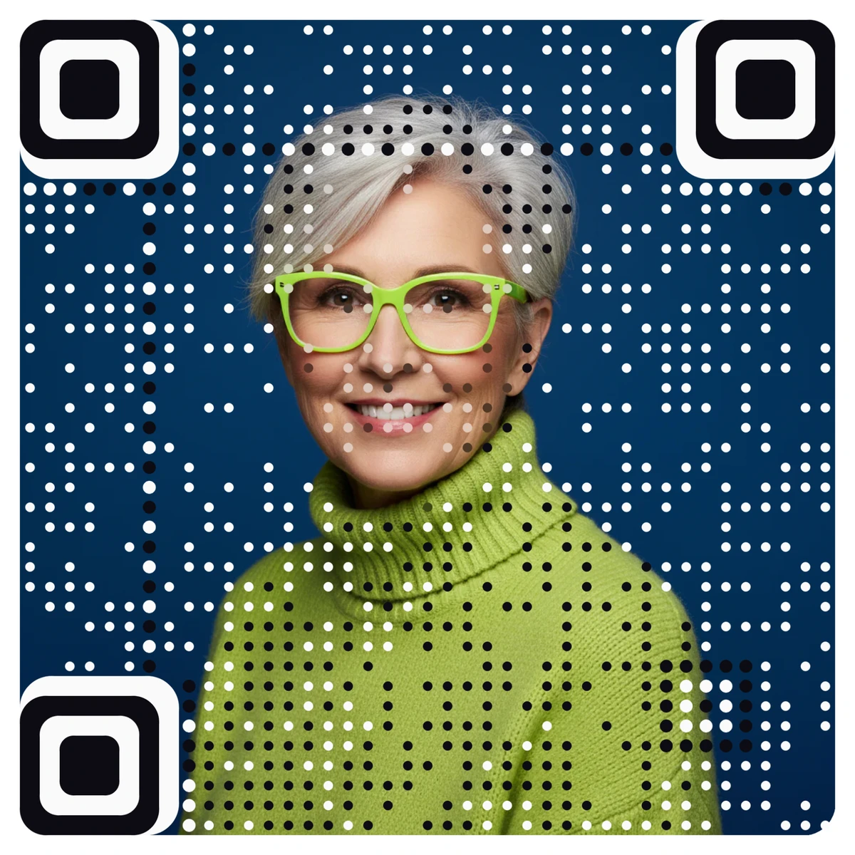 Scan me: a real AriaQR code A real AriaQR code made from a portrait of a smiling woman with grey hair and lime-green glasses