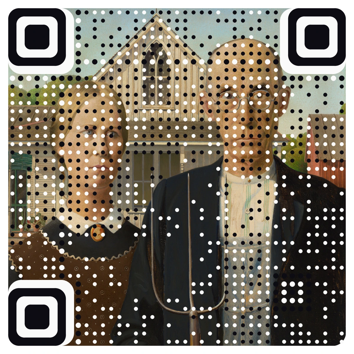 A real AriaQR code made from American Gothic by Grant Wood