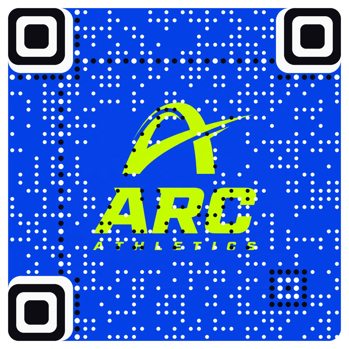 A real AriaQR code made from the Arc Athletics logo, a lime A and wordmark on bright blue