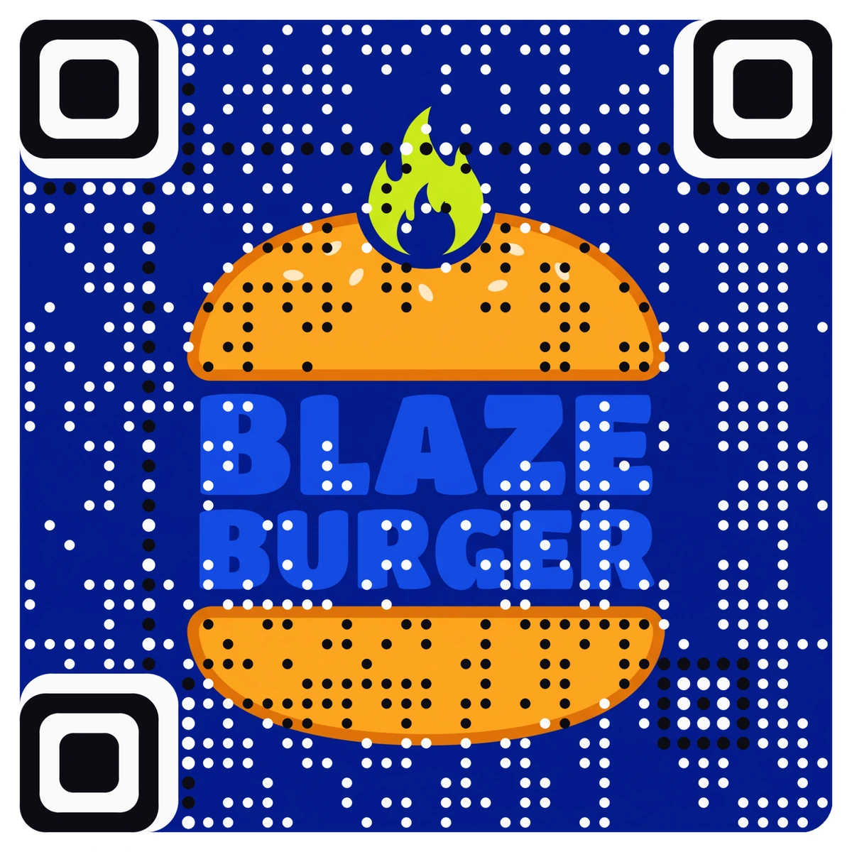 Scan me: a real AriaQR code A real AriaQR code made from the Blaze Burger logo, an orange burger on a blue background