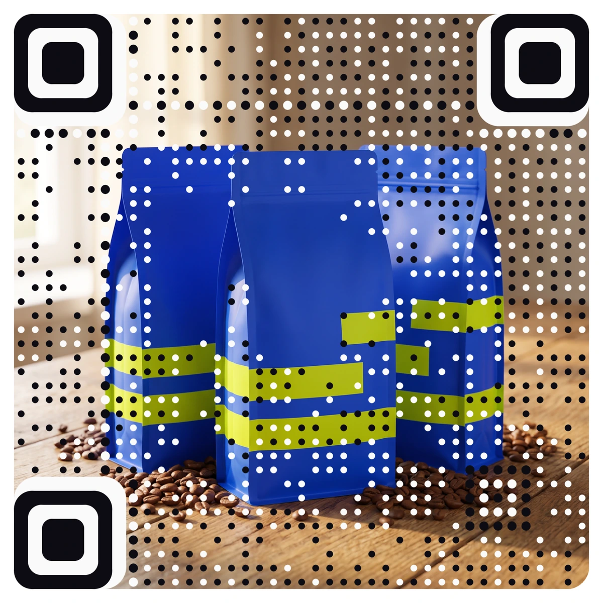 A real AriaQR code made from a photo of a blue coffee bag with lime stripes