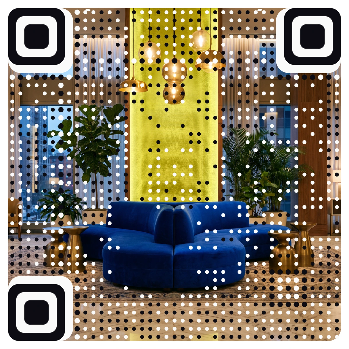 A real AriaQR code made from a photo of a hotel lobby with a blue sofa and a yellow column