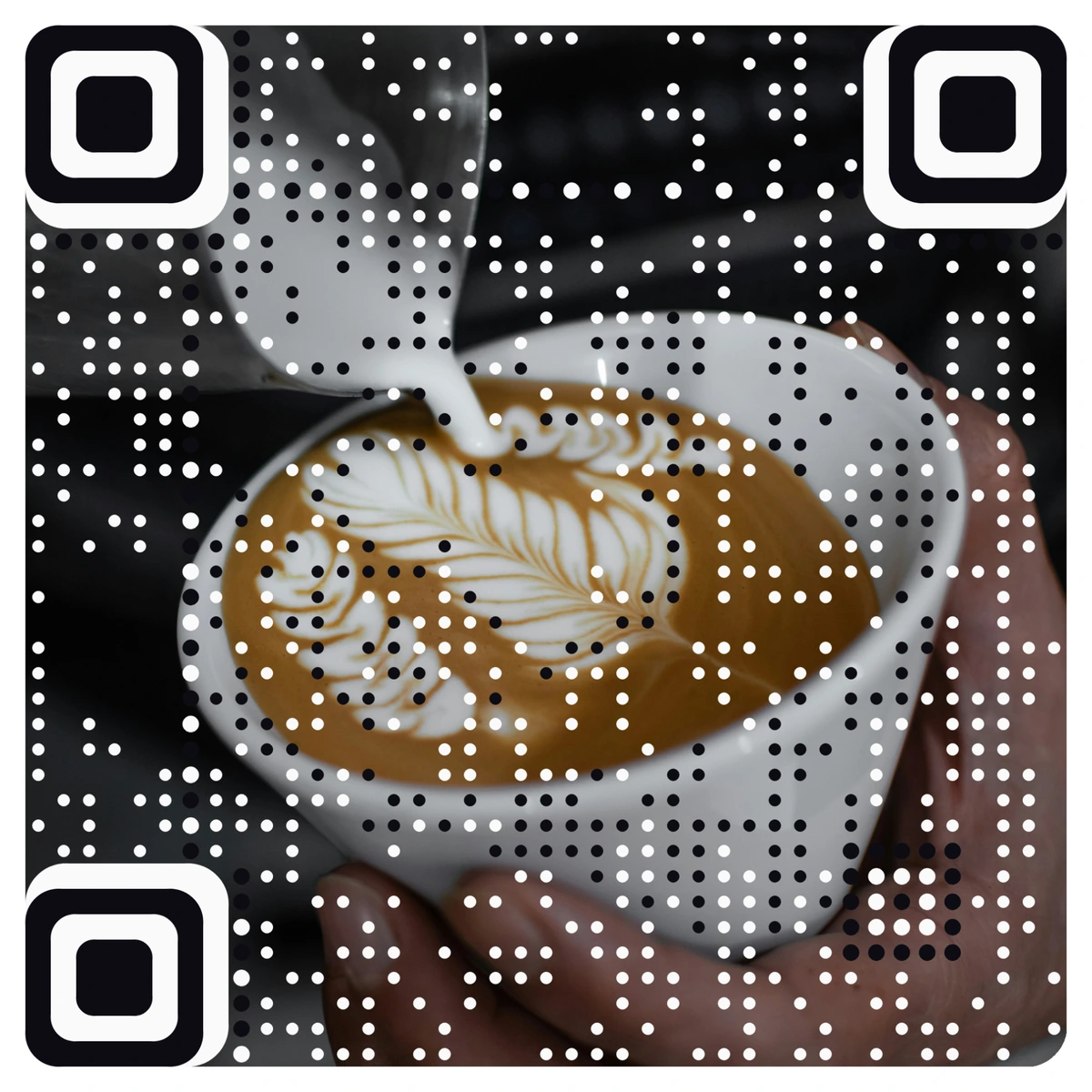 Scan me: a real AriaQR code A real AriaQR code made from a photo of latte art being poured into a white cup