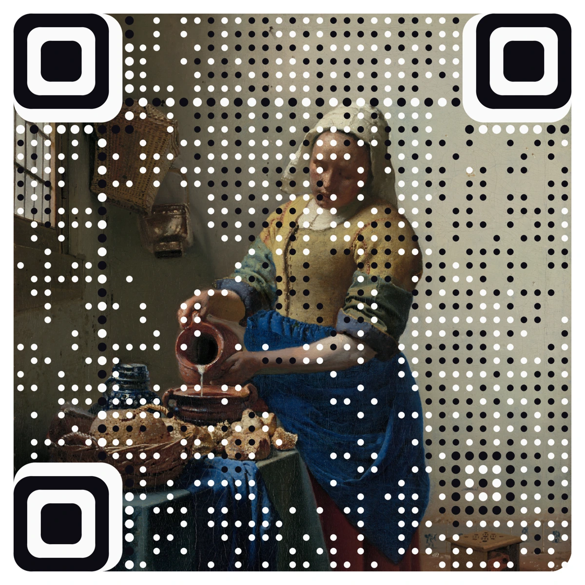 A real AriaQR code made from The Milkmaid by Johannes Vermeer