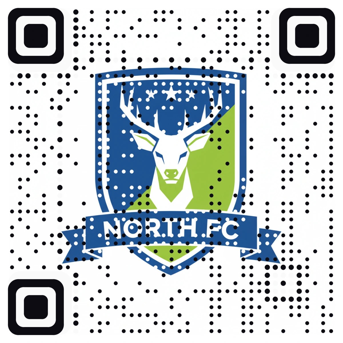 A real AriaQR code made from the North FC crest, a stag inside a blue and green shield